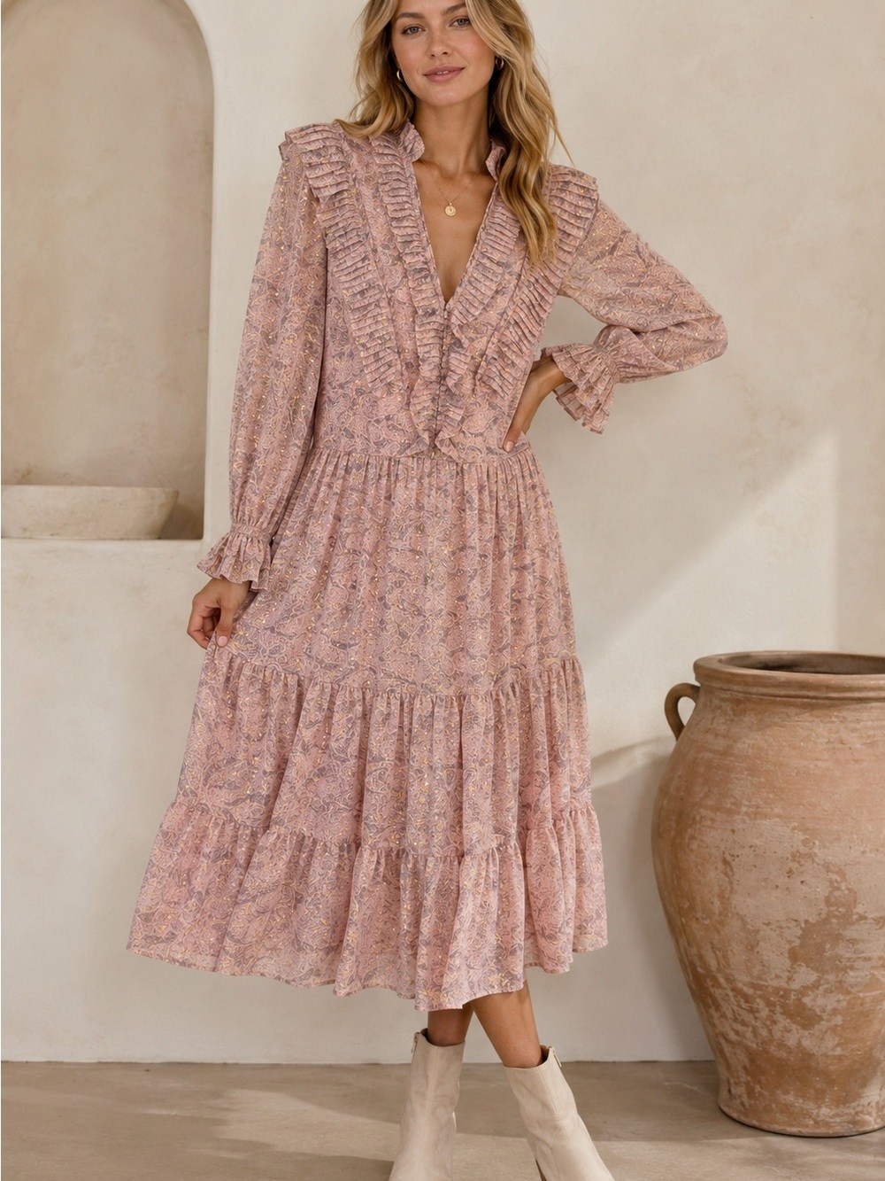 Adele Blush Pink Paisley Gold Fleck Ruffle Tiered Midi Dress Size Medium